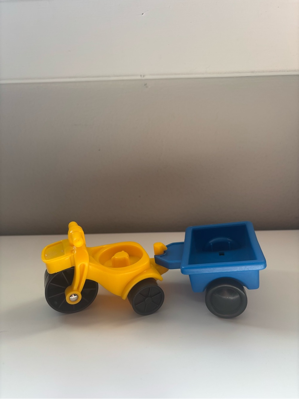 Fisher price little people yellow tricycle with blue wagon/trailer